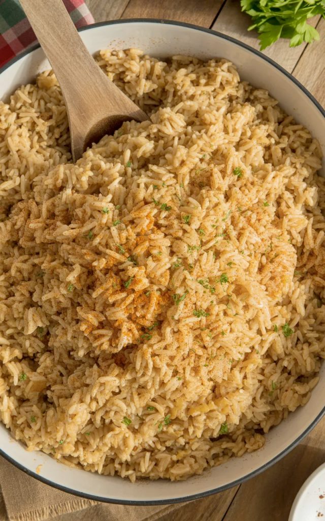 Bowl of Texas Roadhouse seasoned rice with golden-brown color and fresh parsley garnish