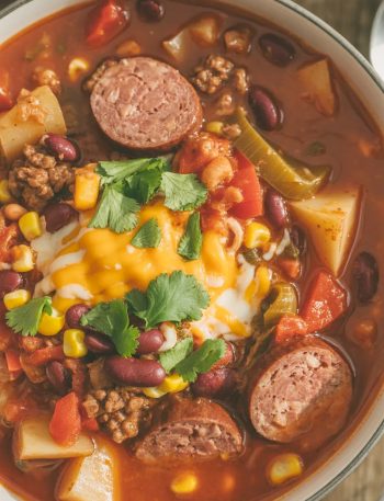 Bowl of hearty Texas cowboy stew with ground beef, sausage, potatoes, beans, and corn in tomato broth
