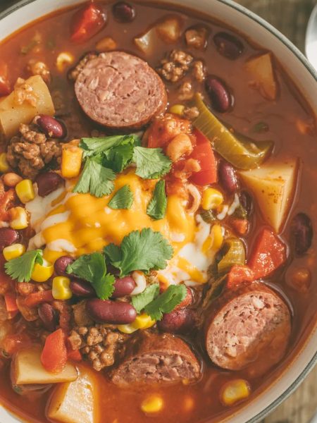 Bowl of hearty Texas cowboy stew with ground beef, sausage, potatoes, beans, and corn in tomato broth