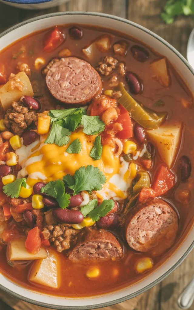Bowl of hearty Texas cowboy stew with ground beef, sausage, potatoes, beans, and corn in tomato broth
