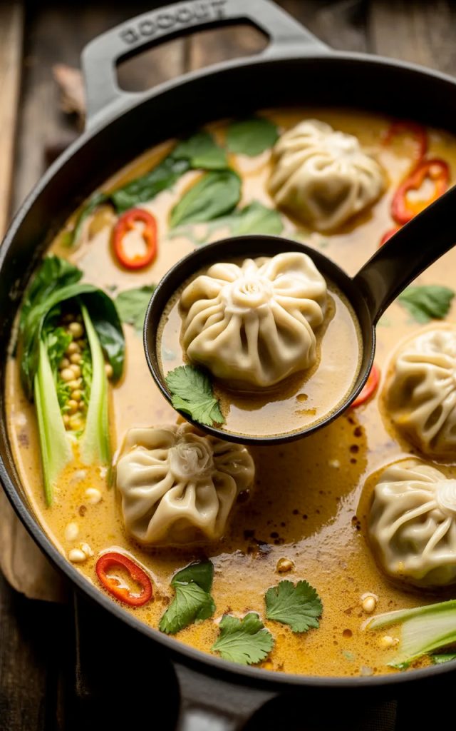 Black pot filled with Thai potsticker soup showing dumplings in creamy coconut broth with fresh cilantro, red chili flakes, and a black ladle