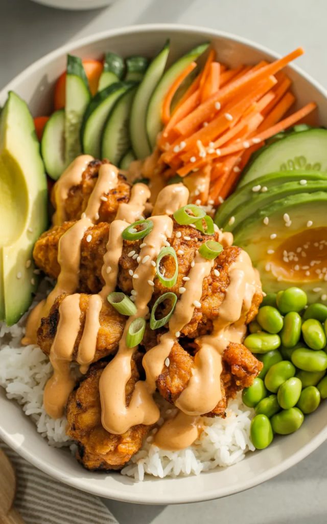 Bang Bang Chicken Bowl with crispy chicken, creamy sauce, rice and fresh vegetables in white bowl