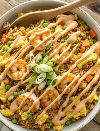 Large serving bowl of colorful bang bang fried rice with golden caramelized shrimp, scrambled eggs, peas, carrots, and green onions