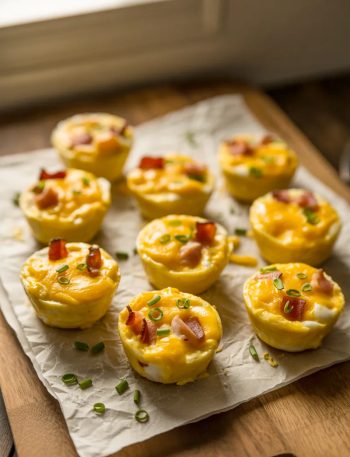 Nine golden baked egg bites arranged on white parchment paper on a dark wooden cutting board, each one showing a lightly golden cheesy top with visible bacon pieces and fresh green herb garnish scattered over them