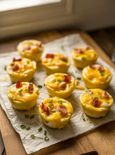Nine golden baked egg bites arranged on white parchment paper on a dark wooden cutting board, each one showing a lightly golden cheesy top with visible bacon pieces and fresh green herb garnish scattered over them