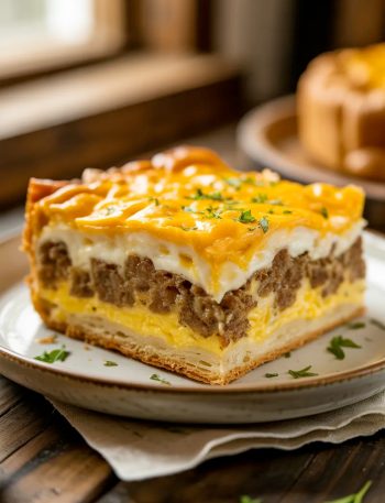 A golden slice of breakfast sausage and egg casserole on a white plate showing the layers of flaky crescent roll base sausage fluffy egg custard and bubbling cheddar cheese crust garnished with fresh parsley