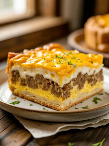 A golden slice of breakfast sausage and egg casserole on a white plate showing the layers of flaky crescent roll base sausage fluffy egg custard and bubbling cheddar cheese crust garnished with fresh parsley