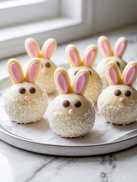 Adorable bunny Oreo balls coated in white chocolate and shredded coconut with pink candy bunny ears and chocolate chip eyes arranged on a white ceramic plate