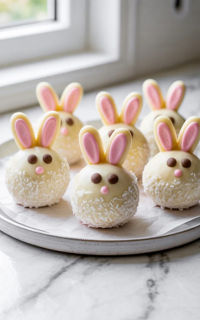 Adorable bunny Oreo balls coated in white chocolate and shredded coconut with pink candy bunny ears and chocolate chip eyes arranged on a white ceramic plate