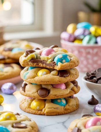 Stack of four soft chewy Cadbury egg cookies loaded with mini Cadbury eggs and chocolate chips on a white marble surface with a pink bowl of Cadbury eggs in the background
