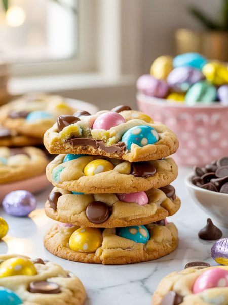 Stack of four soft chewy Cadbury egg cookies loaded with mini Cadbury eggs and chocolate chips on a white marble surface with a pink bowl of Cadbury eggs in the background