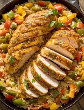 Cajun chicken and rice one-pan meal in black skillet with colorful peppers and herbs