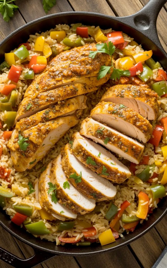 Cajun chicken and rice one-pan meal in black skillet with colorful peppers and herbs