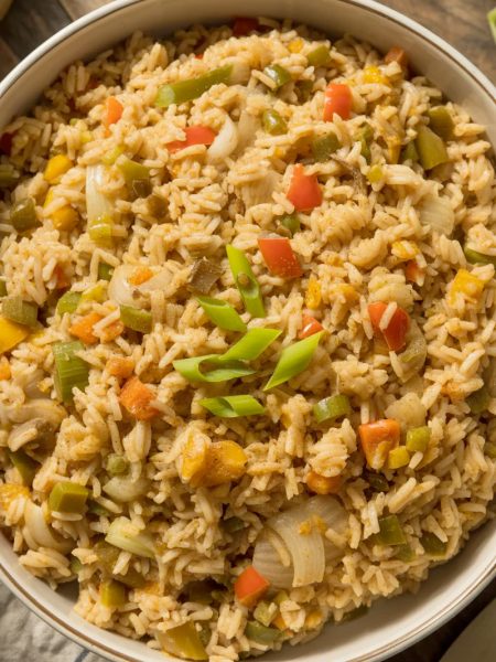 White bowl filled with golden Cajun rice with visible red and green bell peppers, onions, celery, and Cajun spices
