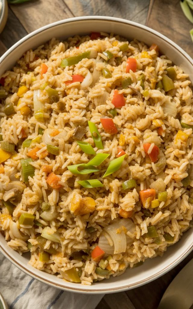 White bowl filled with golden Cajun rice with visible red and green bell peppers, onions, celery, and Cajun spices