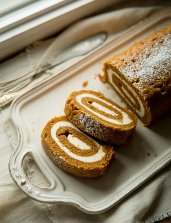 Sliced carrot cake roll with cream cheese filling arranged on a white vintage serving platter