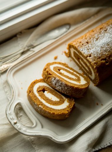 Sliced carrot cake roll with cream cheese filling arranged on a white vintage serving platter