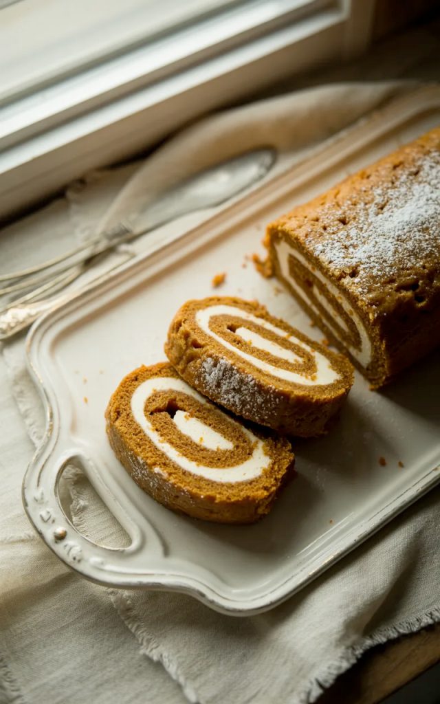 Sliced carrot cake roll with cream cheese filling arranged on a white vintage serving platter