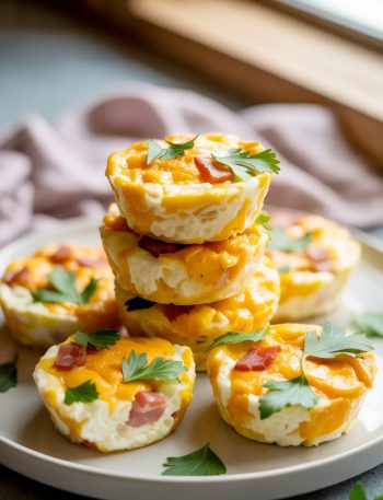 A stack of three golden cottage cheese egg bites piled on a white ceramic plate with more egg bites arranged around the base, each one showing a lightly golden cheddar top with visible bacon pieces and fresh green parsley garnish scattered over them, on a light grey surface