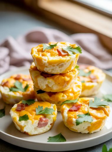 A stack of three golden cottage cheese egg bites piled on a white ceramic plate with more egg bites arranged around the base, each one showing a lightly golden cheddar top with visible bacon pieces and fresh green parsley garnish scattered over them, on a light grey surface