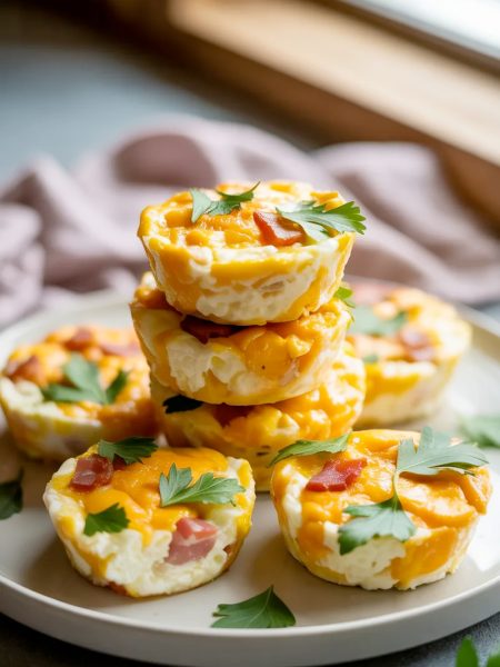 A stack of three golden cottage cheese egg bites piled on a white ceramic plate with more egg bites arranged around the base, each one showing a lightly golden cheddar top with visible bacon pieces and fresh green parsley garnish scattered over them, on a light grey surface