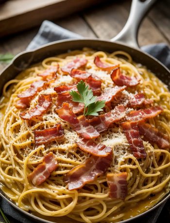 Silky creamy bacon carbonara spaghetti in a dark skillet topped with crispy bacon pieces freshly grated Parmesan and generous black pepper