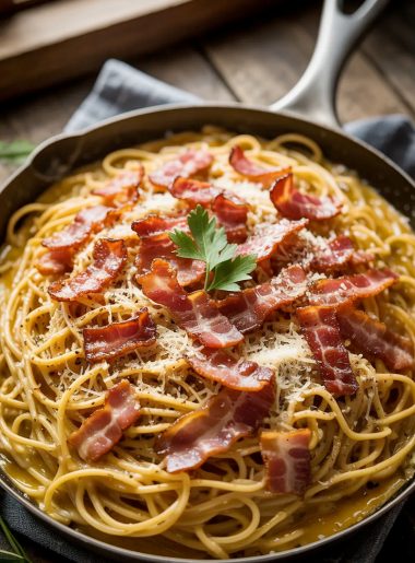 Silky creamy bacon carbonara spaghetti in a dark skillet topped with crispy bacon pieces freshly grated Parmesan and generous black pepper