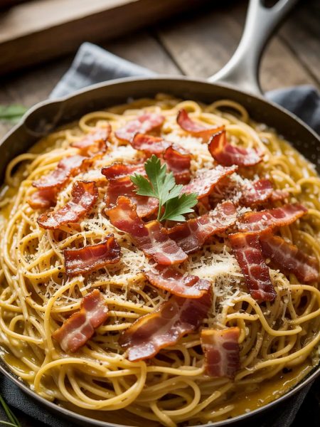 Silky creamy bacon carbonara spaghetti in a dark skillet topped with crispy bacon pieces freshly grated Parmesan and generous black pepper