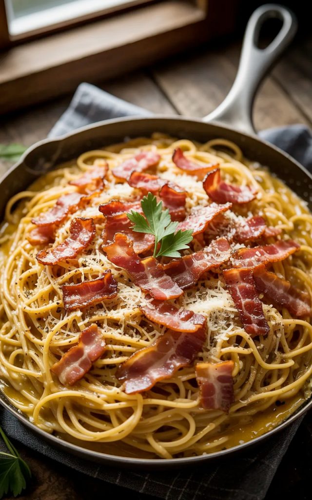 Silky creamy bacon carbonara spaghetti in a dark skillet topped with crispy bacon pieces freshly grated Parmesan and generous black pepper