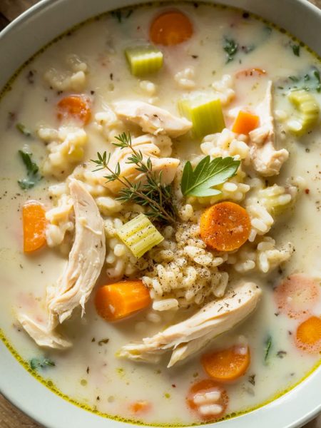 Close-up of creamy chicken and rice soup in a white bowl with visible carrots, celery, tender chicken pieces, and fresh herbs