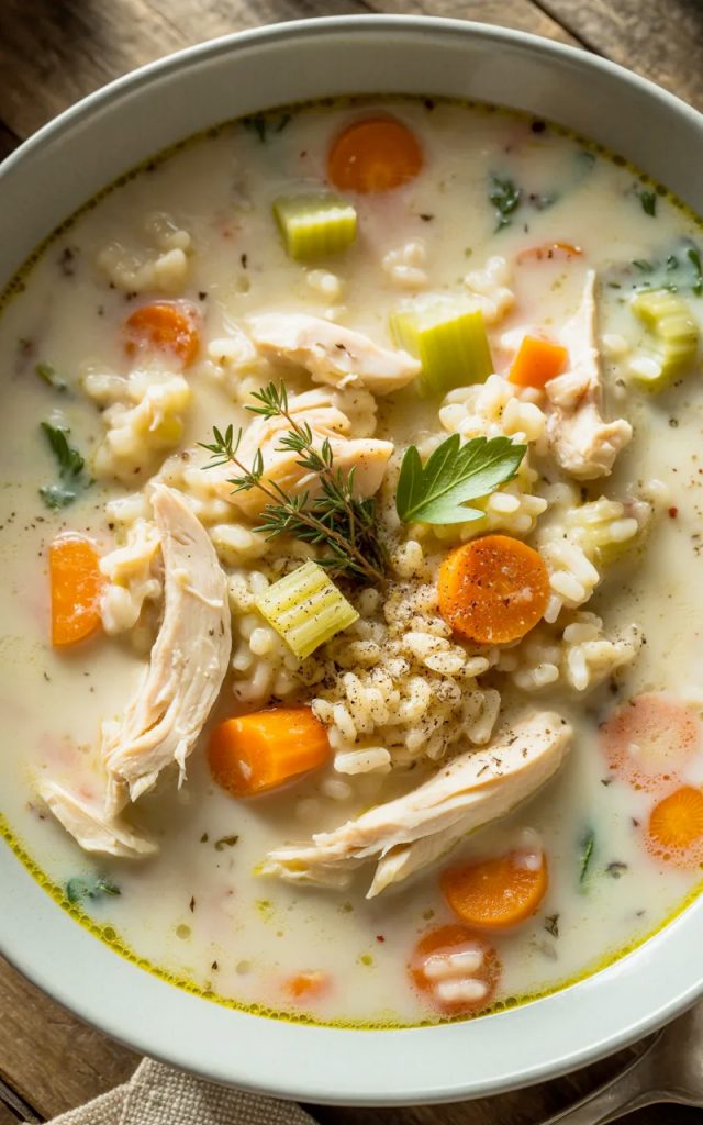 Close-up of creamy chicken and rice soup in a white bowl with visible carrots, celery, tender chicken pieces, and fresh herbs