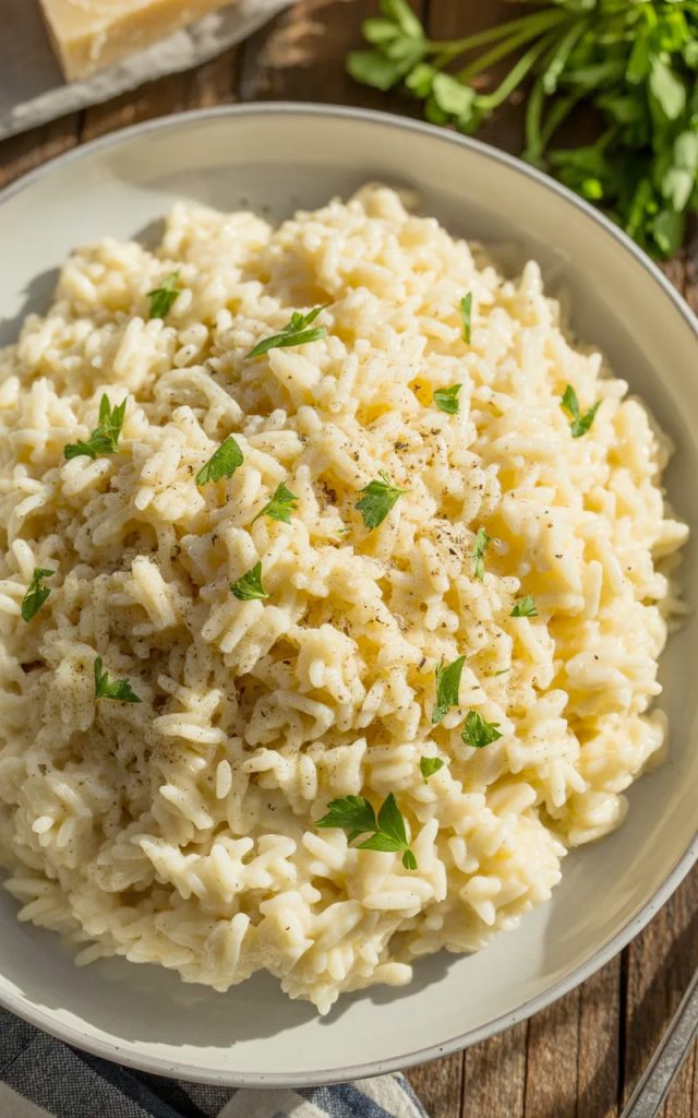 Close-up of creamy garlic parmesan rice in a white ceramic bowl, garnished with fresh chopped parsley and black pepper, with a silver fork on the side
