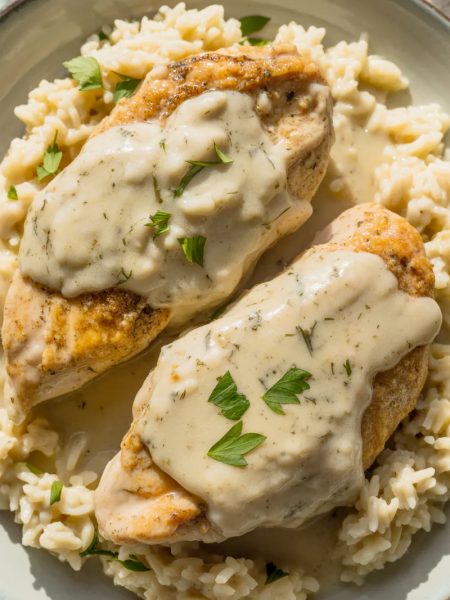Creamy smothered chicken breasts covered in rich garlic cream sauce served over fluffy white rice, garnished with fresh parsley