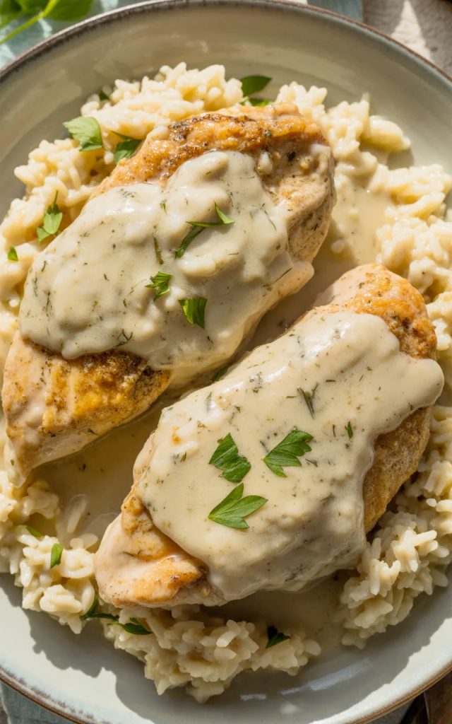 Creamy smothered chicken breasts covered in rich garlic cream sauce served over fluffy white rice, garnished with fresh parsley