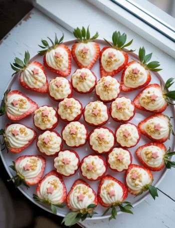 A large white round platter arranged with fresh strawberry halves hollowed out and piped with creamy white cheesecake filling, topped with golden graham cracker crumbs and pink sprinkles, green strawberry leaves visible on each piece, on a white wooden surface