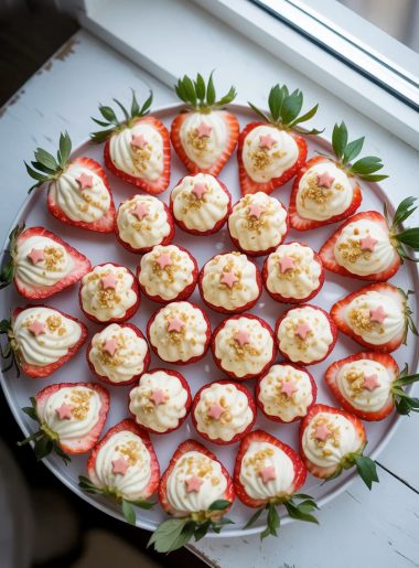 A large white round platter arranged with fresh strawberry halves hollowed out and piped with creamy white cheesecake filling, topped with golden graham cracker crumbs and pink sprinkles, green strawberry leaves visible on each piece, on a white wooden surface