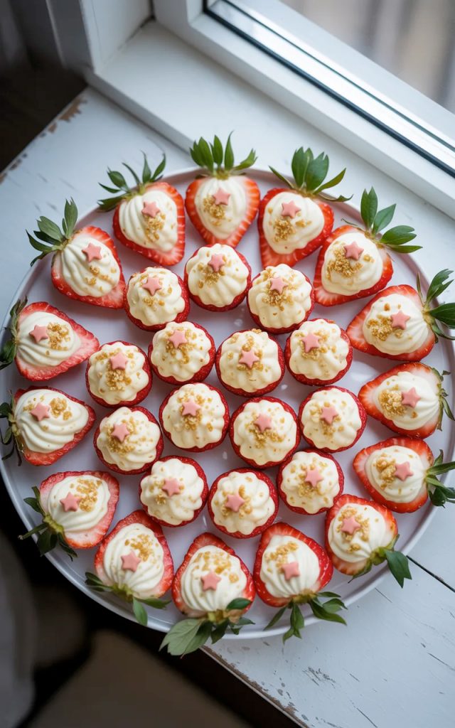 A large white round platter arranged with fresh strawberry halves hollowed out and piped with creamy white cheesecake filling, topped with golden graham cracker crumbs and pink sprinkles, green strawberry leaves visible on each piece, on a white wooden surface