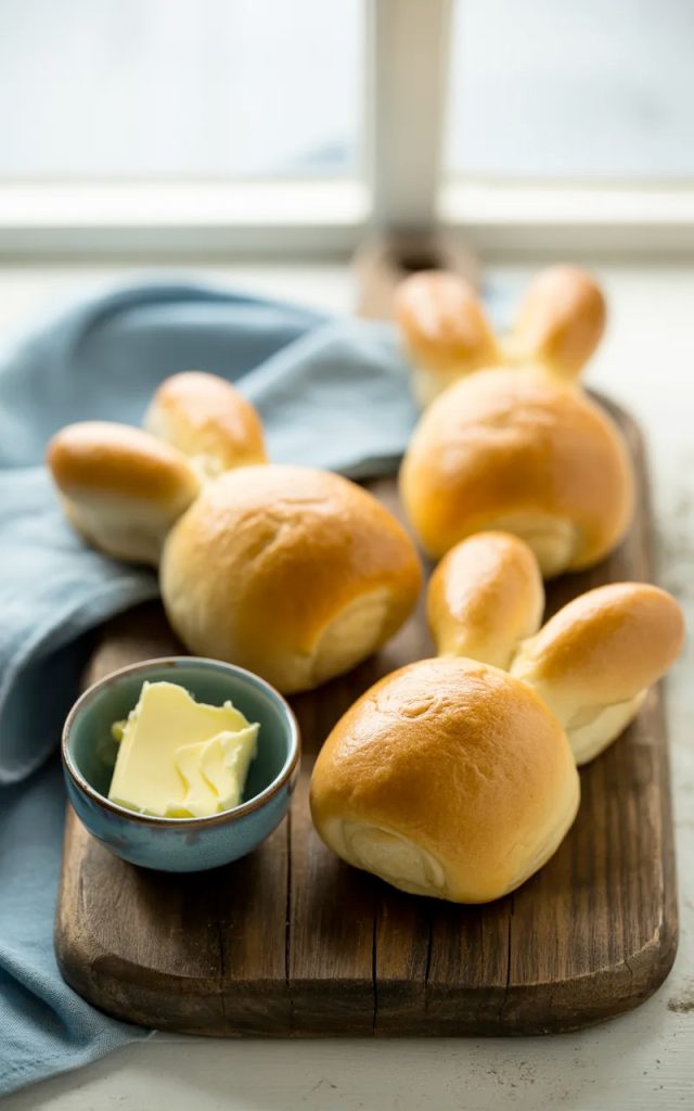 Soft golden Easter bunny shaped bread rolls arranged on a rustic wooden board with a small bowl of butter on the side