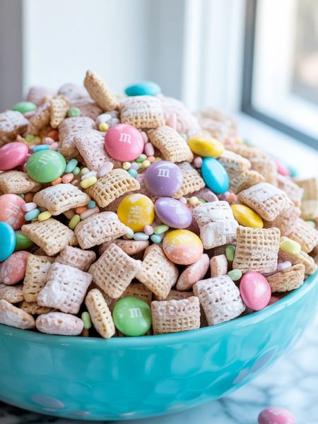 Easter bunny chow made with powdered sugar coated Chex cereal and colorful pastel M&Ms piled high in a turquoise ceramic bowl on a white surface