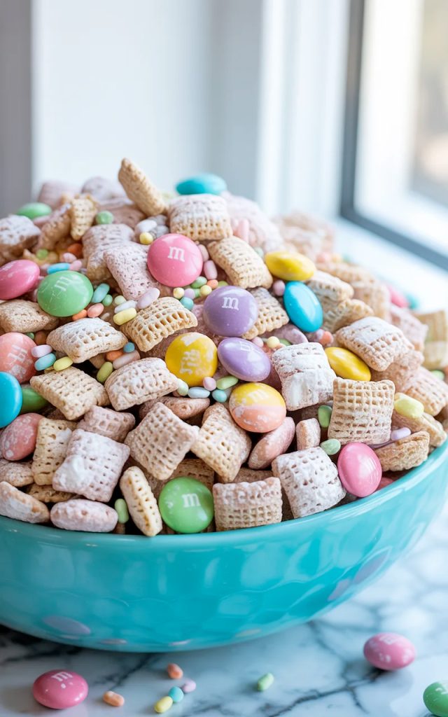 Easter bunny chow made with powdered sugar coated Chex cereal and colorful pastel M&Ms piled high in a turquoise ceramic bowl on a white surface