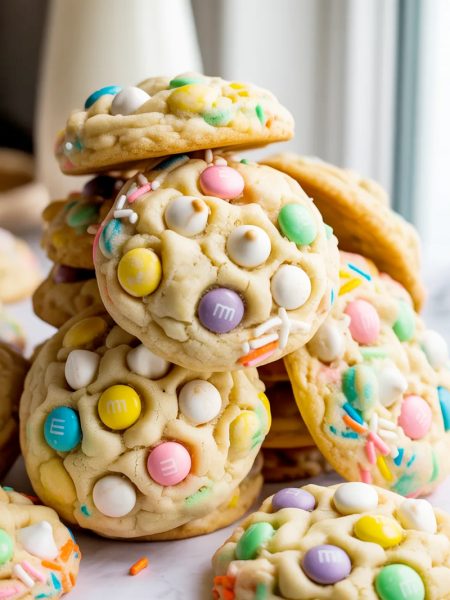 Soft chewy Easter cookies loaded with white chocolate chips pastel M&Ms and colorful Easter sprinkles piled together on a white marble surface