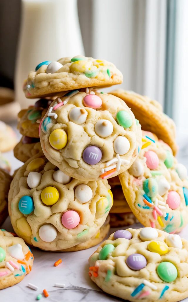 Soft chewy Easter cookies loaded with white chocolate chips pastel M&Ms and colorful Easter sprinkles piled together on a white marble surface