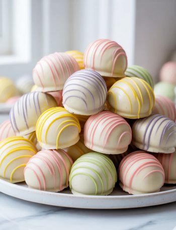 Easter egg shaped Oreo balls coated in white chocolate with colorful pastel pink purple yellow and green drizzles piled high on a white ceramic plate