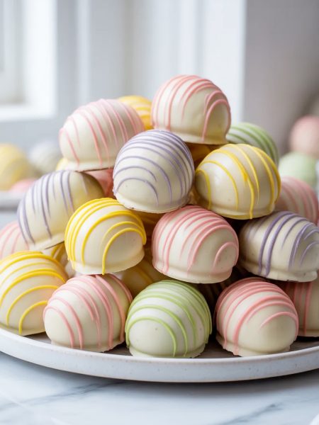 Easter egg shaped Oreo balls coated in white chocolate with colorful pastel pink purple yellow and green drizzles piled high on a white ceramic plate
