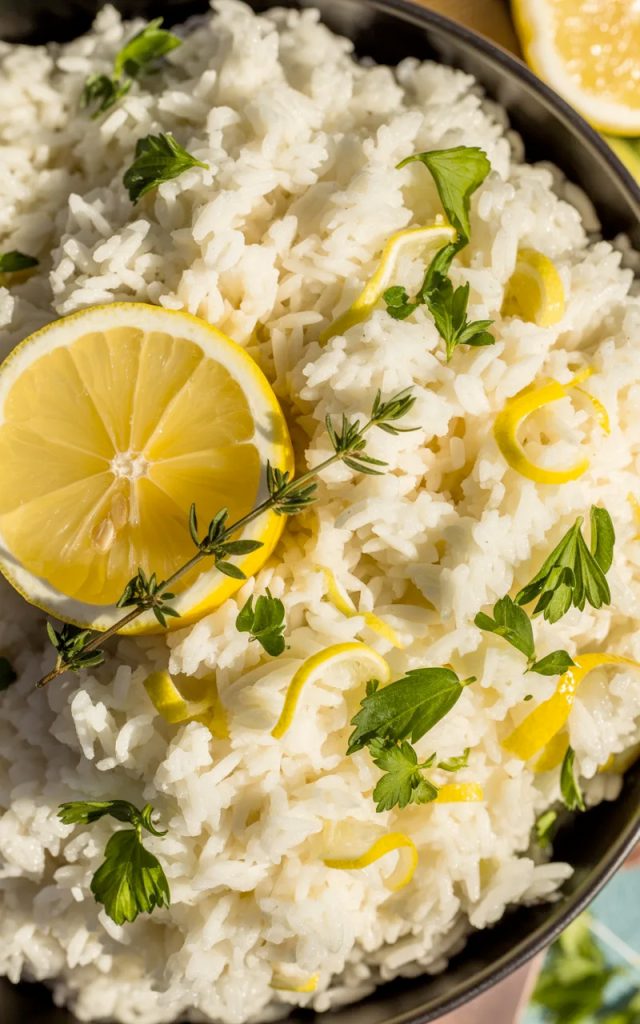 Fluffy Greek lemon rice with fresh herbs, lemon slices, and lemon zest in black serving bowl