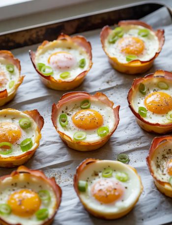 Nine golden ham and cheese egg muffin cups arranged on a parchment lined dark baking tray, each one showing a crispy caramelized ham shell with a perfectly baked egg inside, the white fully set and the yolk still soft and domed, garnished with sliced green onions and a crack of black pepper
