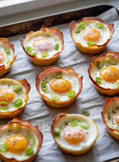 Nine golden ham and cheese egg muffin cups arranged on a parchment lined dark baking tray, each one showing a crispy caramelized ham shell with a perfectly baked egg inside, the white fully set and the yolk still soft and domed, garnished with sliced green onions and a crack of black pepper