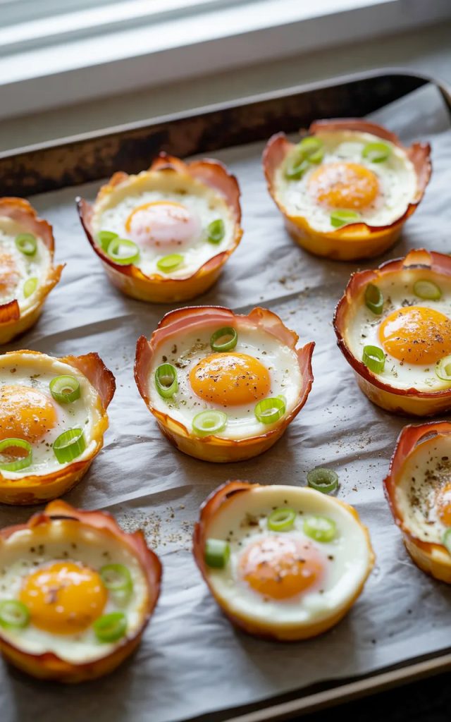 Nine golden ham and cheese egg muffin cups arranged on a parchment lined dark baking tray, each one showing a crispy caramelized ham shell with a perfectly baked egg inside, the white fully set and the yolk still soft and domed, garnished with sliced green onions and a crack of black pepper