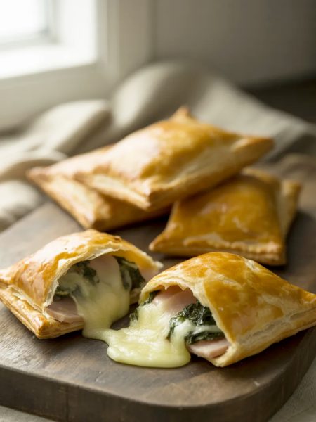 Golden flaky ham and cheese puff pastry pockets with melted cheese and spinach filling on a dark rustic wooden serving board