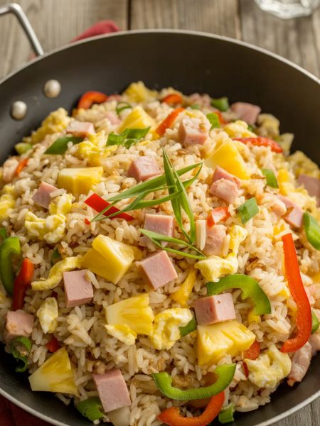 Colorful Hawaiian fried rice in a wok with chunks of pineapple, diced ham, bell peppers, and green onions garnish
